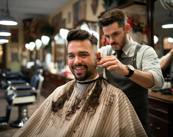 Barber giving a client a modern haircut and beard trim