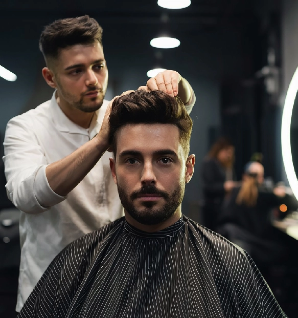 Barber trimming a man's beard and refining the neckline